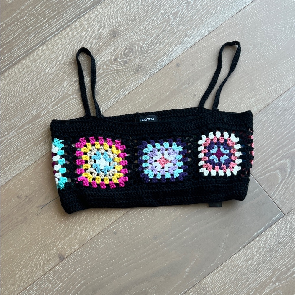 Boohoo Black Crochet Crop Top with Multicolor Squares